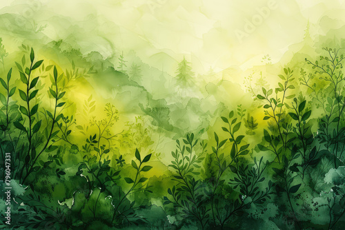 Watercolor painting of green leaves, yellow sun and orange sunset, brush strokes. Created with Ai