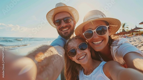 Fototapeta Naklejka Na Ścianę i Meble -  A happy family of four enjoys a sunny beach day, taking a close-up selfie with palm trees in the background and radiant smiles.