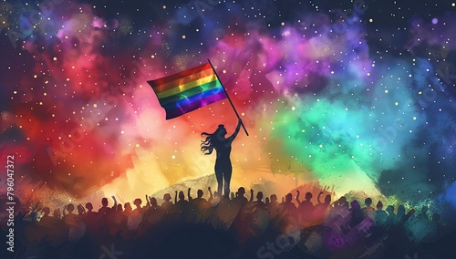 Crowd waving rainbow flags at the gay pride parade. LGBT concept