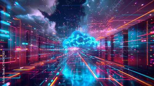 A digital representation of a cloud server environment in 3D, with vibrant data streams and holographic elements, providing a visual metaphor for advanced network solutions.
