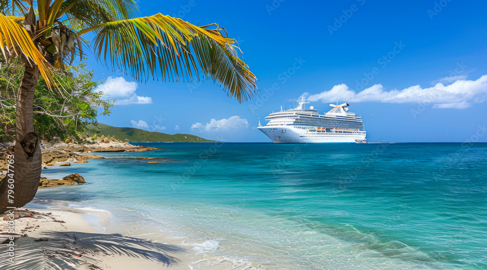 A large cruise ship docked near popular vacation resort in a scenic setting on the ocean