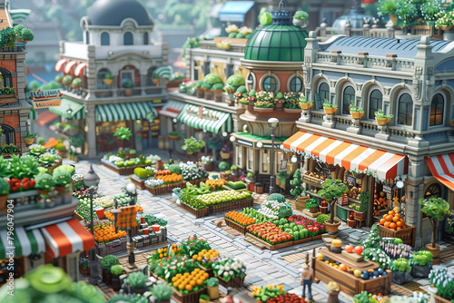 3D board of a miniature neighborhood with tiny people living their life, isometric view.