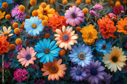 A vibrant array of multicolored daisies, each petal painted in different hues from deep blues to soft pinks and yellows. Created with Ai