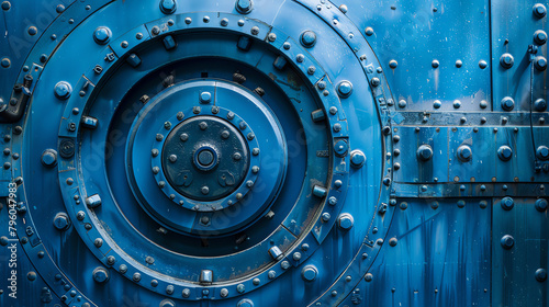 A modern bank vault door painted in electric blue, featuring an intricate circular design inspired by a luxury car part, symbolizing robust security with a stylish touch.