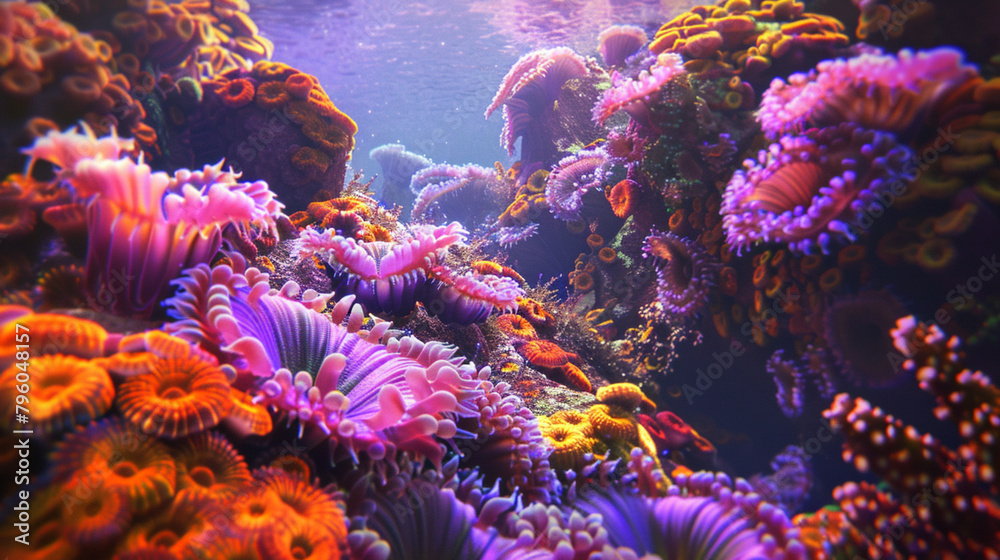 High-resolution depiction of coral polyps and symbiotic algae interaction underwater High-resolution depiction of coral polyps and symbiotic algae interaction underwater