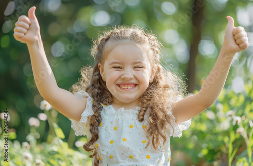 A happy little girl with an open mouth and closed eyes is giving a thumbs up in the green meadow.
