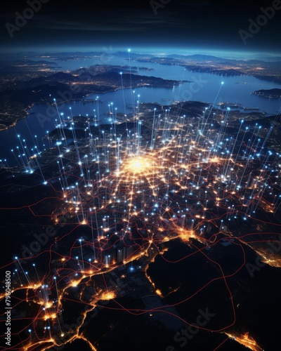 A glowing city at night seen from space with glowing connections between buildings.