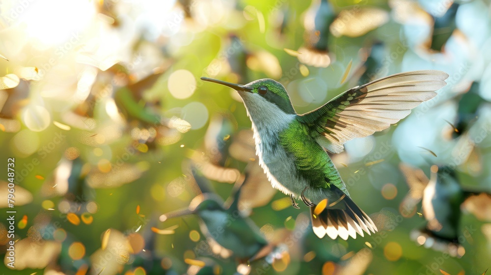 Fototapeta premium A hummingbird is flying through a group of other birds