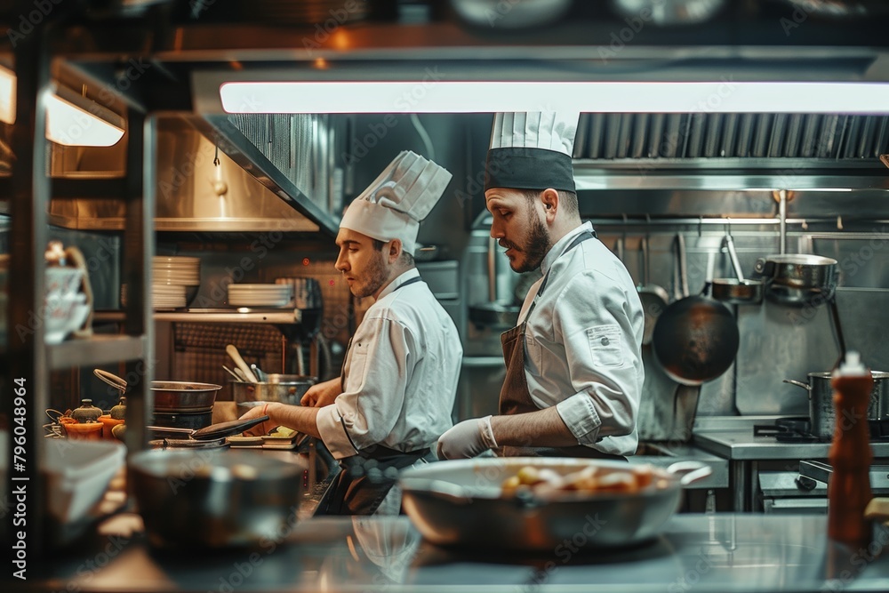 Two chefs, wearing white chef coats and toques, are working by cooking food, chopping vegetables, and stirring a pot in a commercial kitchen. Two chefs, wearing white chef coats and toques, are working by cooking food, chopping vegetables, and stirring a pot in a commercial kitchen.