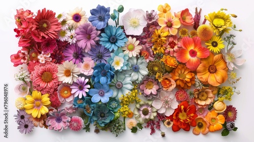 A colorful bouquet of flowers is arranged in a way that creates a rainbow effect