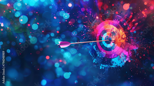 Artistic depiction of an arrow hitting a bullseye, with abstract elements and bursts of light around the target, emphasizing breakthroughs in marketing performance. photo