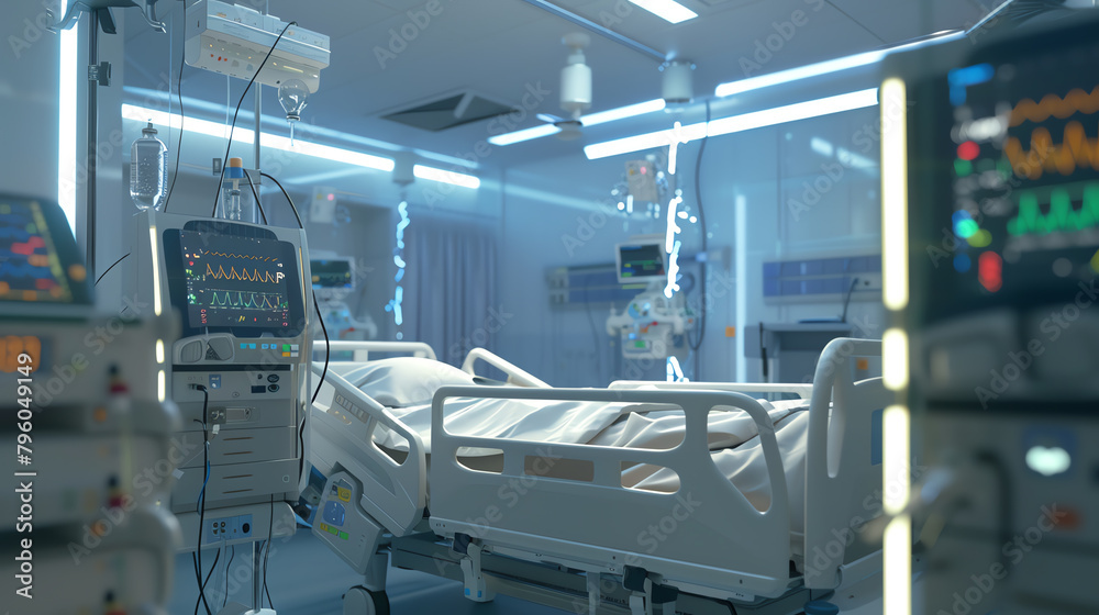 Close-up of a serene hospital ward scene where a patient rests, life support equipment humming softly, its screens showing ongoing monitoring. Close-up of a serene hospital ward scene where a patient rests, life support equipment humming softly, its screens showing ongoing monitoring.