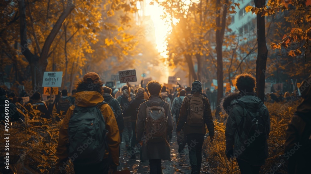 A diverse group of protesters engaging in peaceful dialogue, fostering understanding and collaboration in pursuit of political reform.