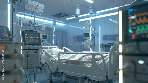 Close-up of a serene hospital ward scene where a patient rests, life support equipment humming softly, its screens showing ongoing monitoring. photo