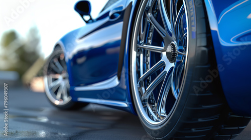 Close-up of an electric blue door with features resembling a high-performance car's rim, emphasizing a fusion of automotive design and architectural aesthetics.