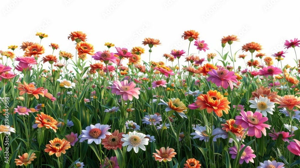 A field of flowers with a variety of colors including pink, white, and orange