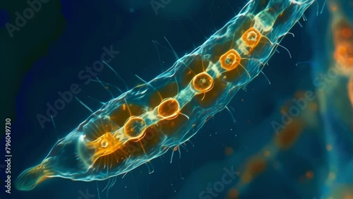 A magnified image of a euglenoid cell highlighting its flagellum that enables it to swim and gather nutrients from its surroundings. . AI generation. photo