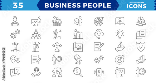  Business people Pixel perfect icons, outline icon collection,Businessman outline icons collection. Teamwork, human resources, meeting, partnership,Editable Stroke.