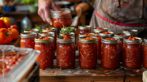 A canning workshop where jars of homemade tomato sauce are being prepared, teaching preservation techniques for enjoying summer flavors year-round.