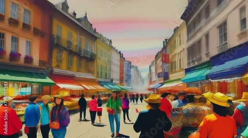 A lively, street scene at a bustling market, with vibrant storefronts, colorful textiles, and energetic crowds (60 fps 12 sec) photo