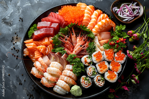 A plate of sushi with a variety of seafood and vegetables