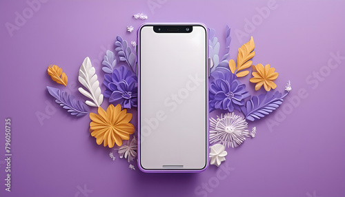 Cell phone with white screen, purple background with ornaments