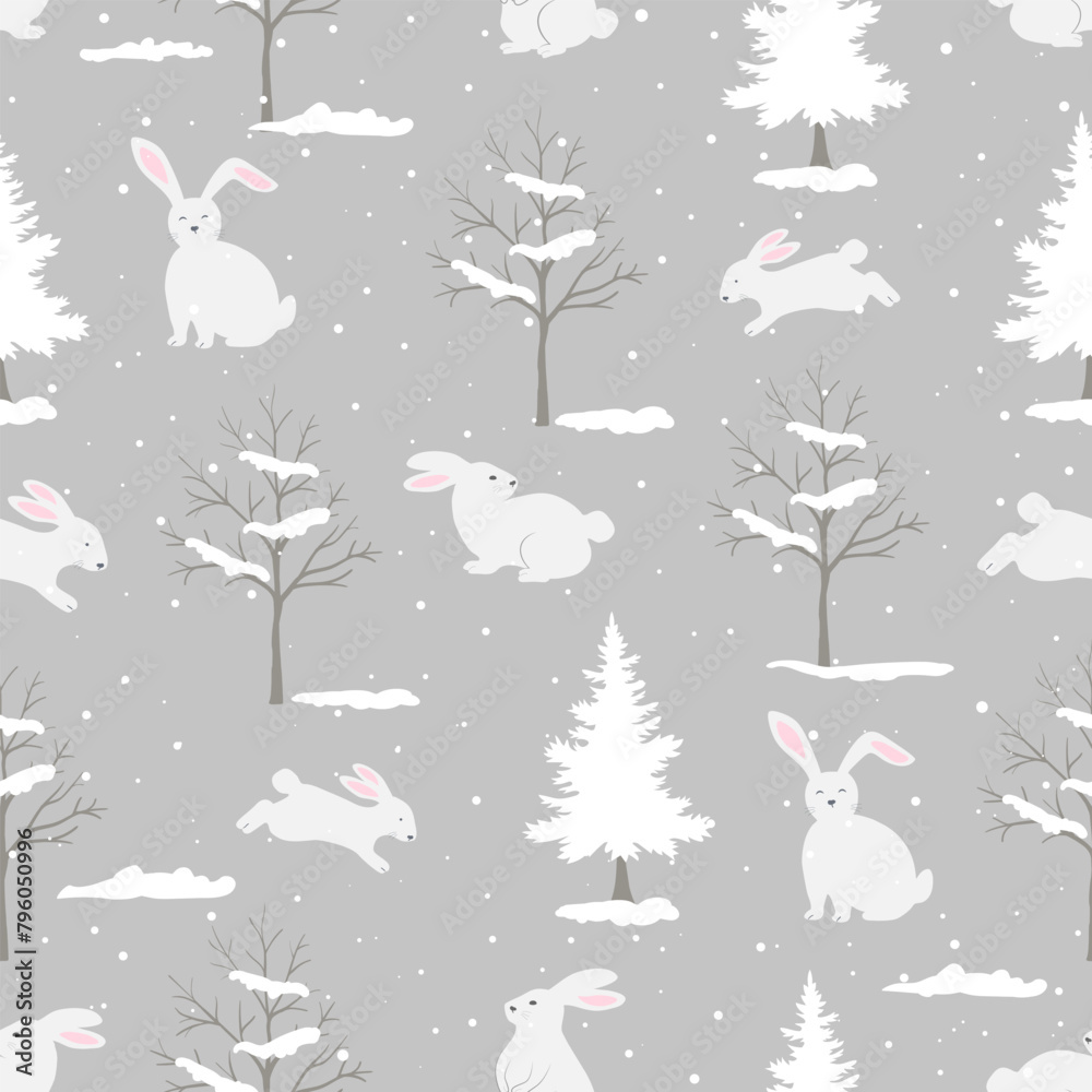 Naklejka premium Seamless pattern with cute white rabbits,trees and snow on grey background for decorative,fabric,textile,print or wrapping paper