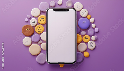 Cell phone with white screen, purple background with ornaments