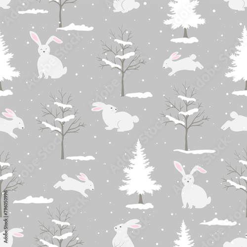 Seamless pattern with cute white rabbits,trees and snow on grey background for decorative,fabric,textile,print or wrapping paper