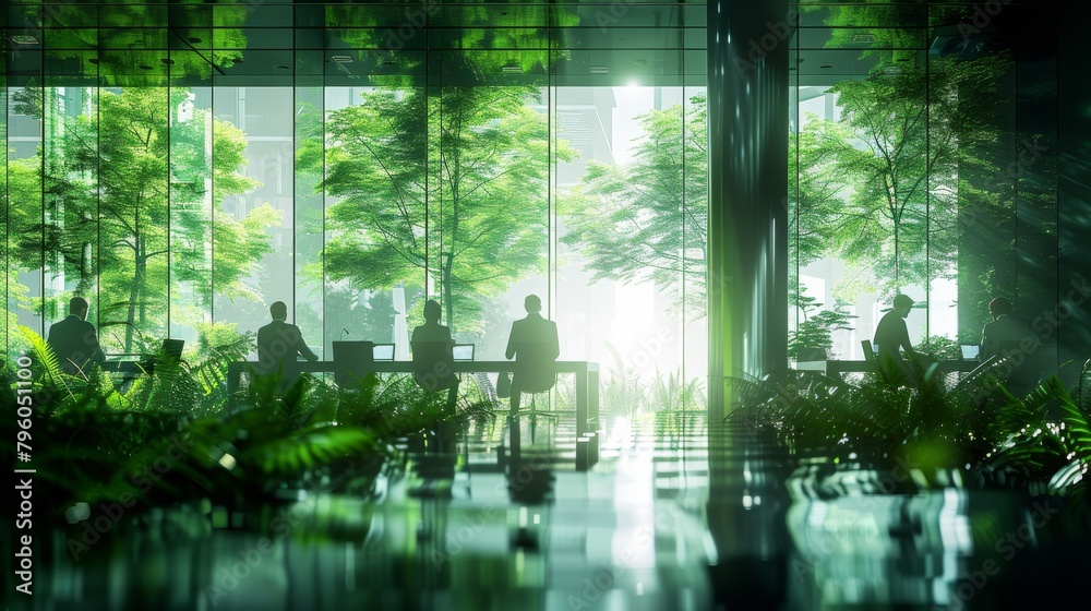 Green, sustainable and environmental office space with daily employee rush. Modern and nature friendly startup business with ESG standards and care for worker wellness and healthy environment Green, sustainable and environmental office space with daily employee rush. Modern and nature friendly startup business with ESG standards and care for worker wellness and healthy environment