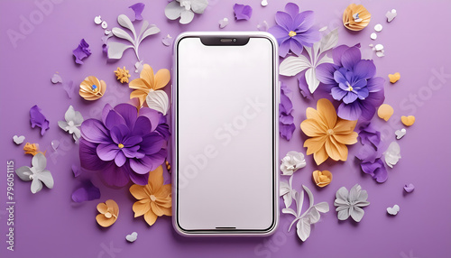 Cell phone with white screen, purple background with ornaments