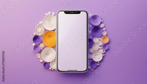 Cell phone with white screen, purple background with ornaments