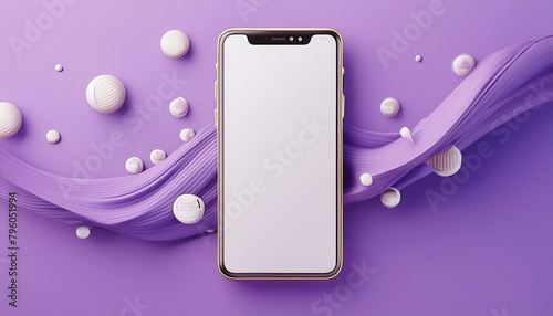Cell phone with white screen, purple background with ornaments