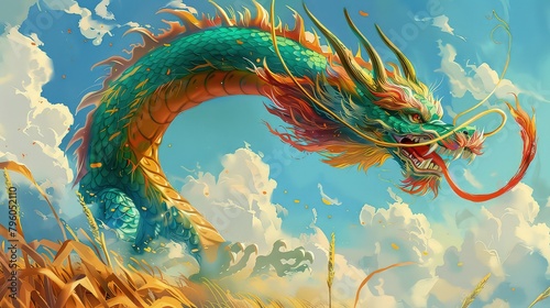 Japanese dragon, Golden scales, Dragon flying across cornfield and spitting fire from its mouth, Colorful clouds rising in the blue sky AI generated