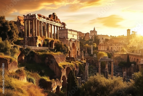 Beautiful Rome skyline depicting the Colosseum and ancient ruins, AI-generated