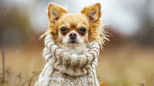 A humorous image of a small dog wearing an oversized sweater  looking comically large for its frame  capturing the playful side of oversized fashion.