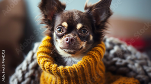 A humorous image of a small dog wearing an oversized sweater, looking comically large for its frame, capturing the playful side of oversized fashion. © arhendrix