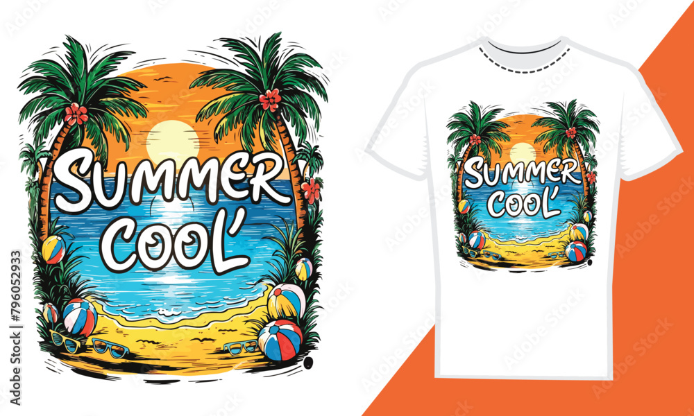 Summer Cool High-quality Tshirt design, Summer vacation scene modern style, palm tree, sea beach, decoration summer background.