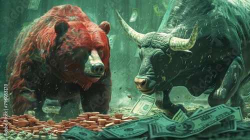 red bear wrestling a green bull, Bull market and bear market, coin and dollar bills