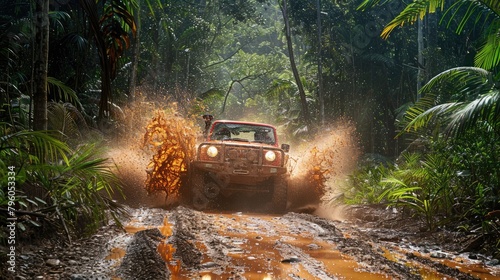 A bright red 4x4 truck splashes through a muddy trail in a lush green fores