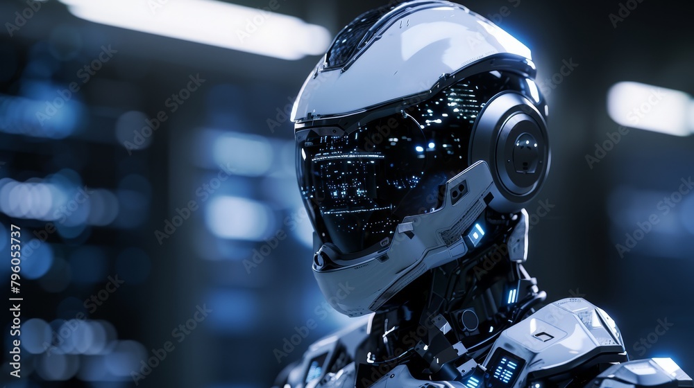 Detailed portrait of a police android, sharp against a darkened background, radiating authority, noisefree