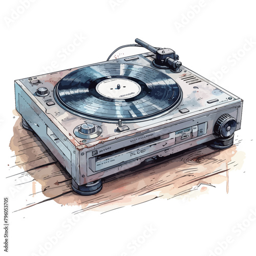 Vintage turntable record player. Hand drawn vector illustration.