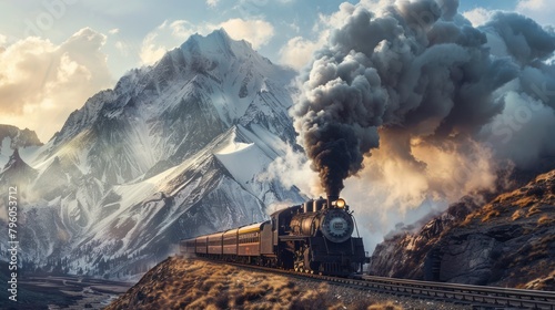  vintage steam locomotive chugging along a mountain railway, its plume of smoke trailing against the backdrop of snow-capped peaks. 