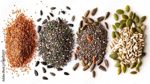 Culinary top view image of mixed seeds, chia, flax, pumpkin, sunflower, and sesame, aimed at health-conscious audiences, isolated background photo