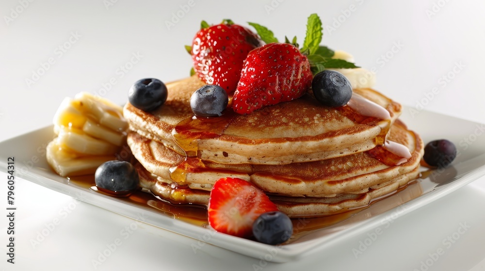 Culinary photo of comforting whole grain pancakes, enhanced with a modest amount of maple syrup and fresh fruit toppings, ideal for health-conscious foodies, isolated setting Culinary photo of comforting whole grain pancakes, enhanced with a modest amount of maple syrup and fresh fruit toppings, ideal for health-conscious foodies, isolated setting