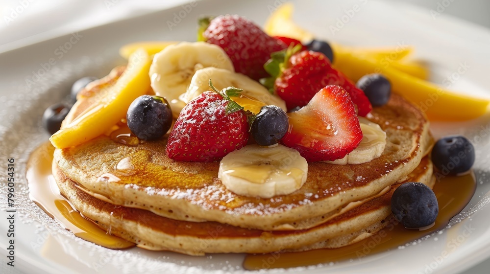Culinary photo of comforting whole grain pancakes, enhanced with a modest amount of maple syrup and fresh fruit toppings, ideal for health-conscious foodies, isolated setting Culinary photo of comforting whole grain pancakes, enhanced with a modest amount of maple syrup and fresh fruit toppings, ideal for health-conscious foodies, isolated setting