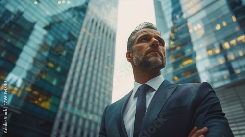 A resolute and ambitious executive in a sharp suit stands arms crossed, gazing upward among the high rises of the corporate world.