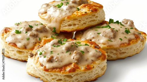 Culinary advertisement of Biscuits and Sausage Gravy  top shot showcasing whole wheat biscuits  turkey sausage  and lighter gravy  on an isolated background