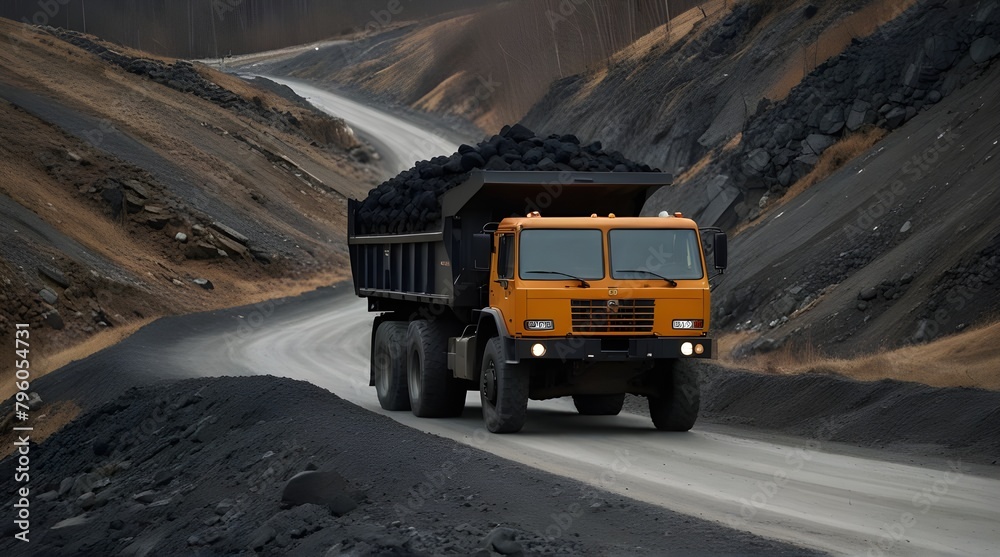 Large quarry dump truck. Dump truck carrying coal, sand and rock. Trucks moving on dirt country road.generative.ai Large quarry dump truck. Dump truck carrying coal, sand and rock. Trucks moving on dirt country road.generative.ai
