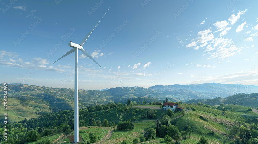   wind turbine gracefully spinning against a backdrop of lush green hills and a clear blue sky.  